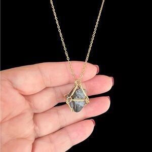 Gold over stainless steel Gray stone cage Pendant Necklace